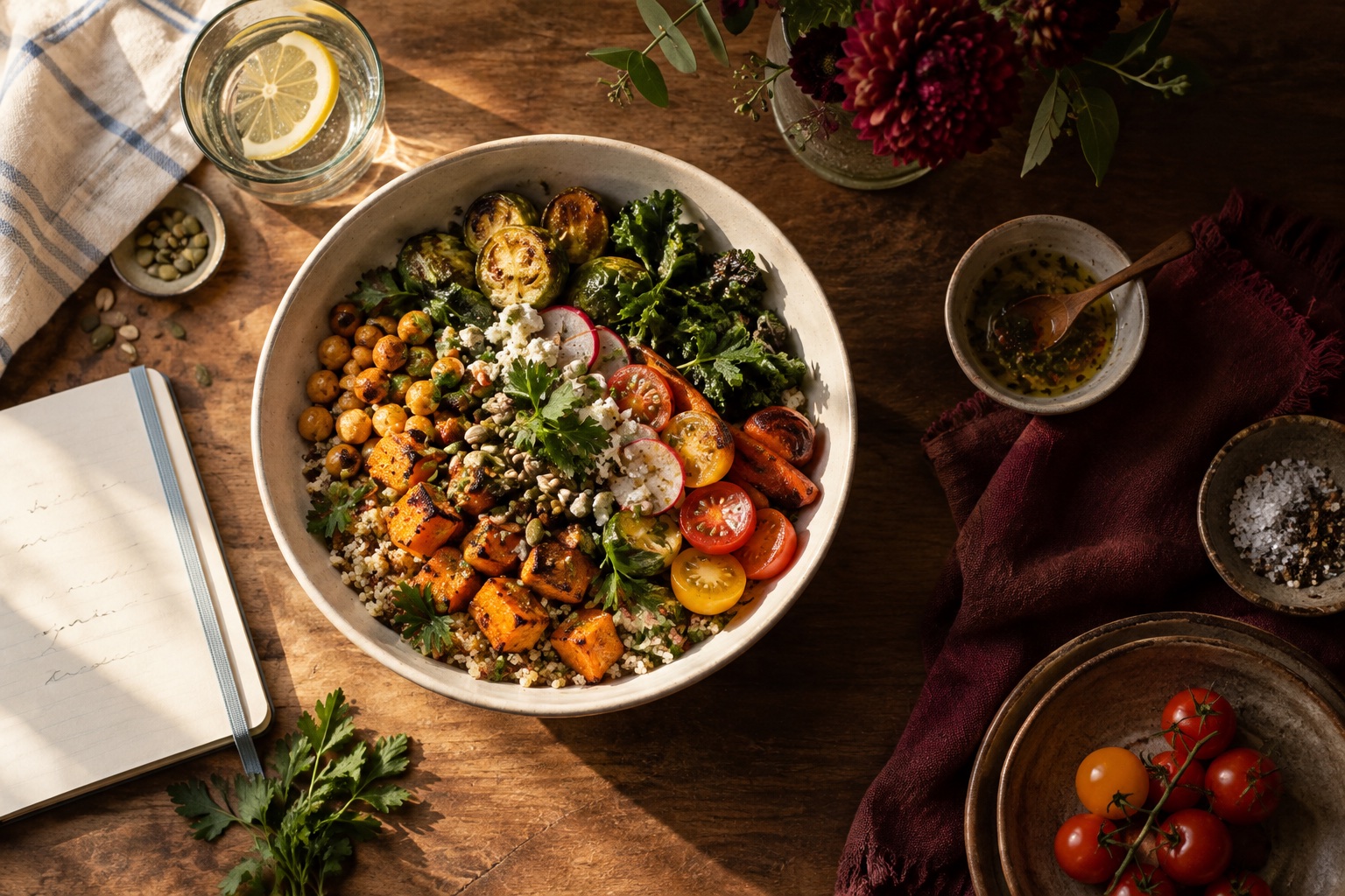 Photo d’ambiance d’un plat de légumes, céréales et herbes fraîches sur une table en bois